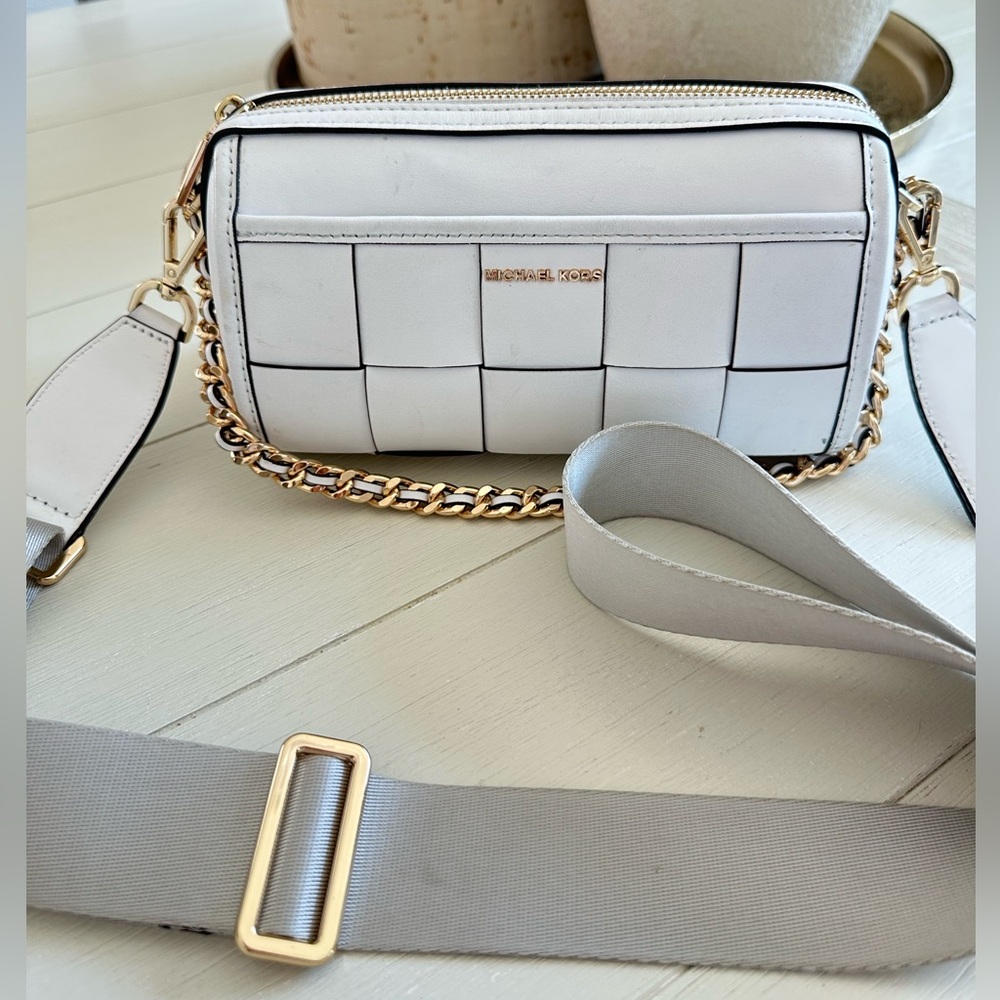 Michael Kors Jet set leather woven crossbody bag white gold